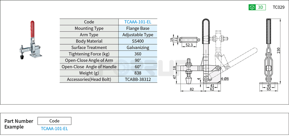 Toggle Clamp (101-EL)- Vertical Hold-Down, Flange Base, Tightening Force 360kg Drawing/Specifications