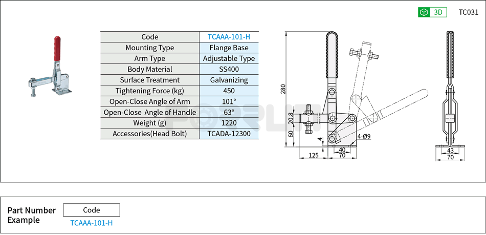 Toggle Clamp (101-H)- Vertical Hold-Down, Flange Base, Tightening Force 450kg Drawing/Specifications