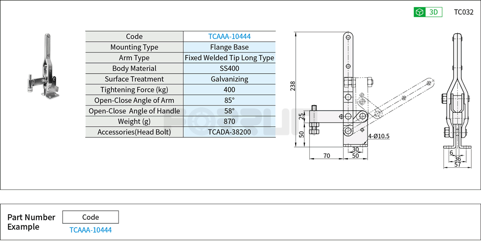 Toggle Clamp (10444)- Vertical Hold-Down, Flange Base, Tightening Force 400kg Drawing/Specifications