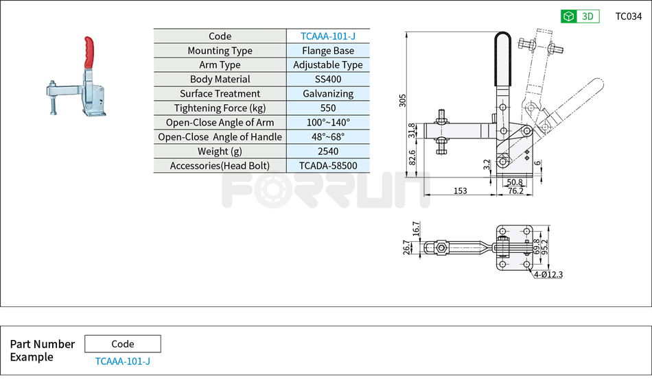 Toggle Clamp (101-J)- Vertical Hold-Down, Flange Base, Tightening Force 550kg Drawing/Specifications