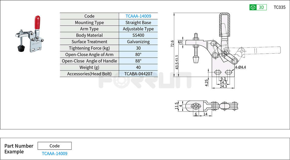 Toggle Clamp (14009)- Vertical Hold-Down, Straight Base, Tightening Force 30kg Drawing/Specifications