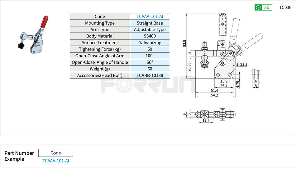 Toggle Clamp (101-AI)- Vertical Hold-Down, Straight Base, Tightening Force 50kg Drawing/Specifications