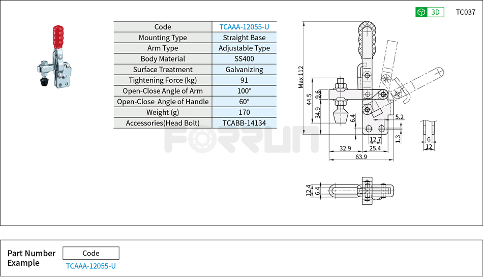 Toggle Clamp (12055-U)- Vertical Hold-Down, Straight Base, Tightening Force 91kg Drawing/Specifications