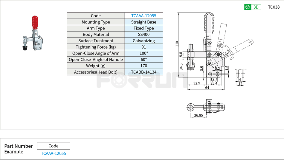 Toggle Clamp (12055)- Vertical Hold-Down, Straight Base, Tightening Force 50kg Drawing/Specifications