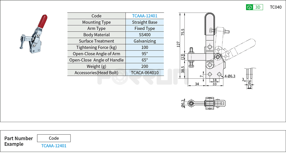 Toggle Clamp (12401)- Vertical Hold-Down, Straight Base, Tightening Force 100kg Drawing/Specifications