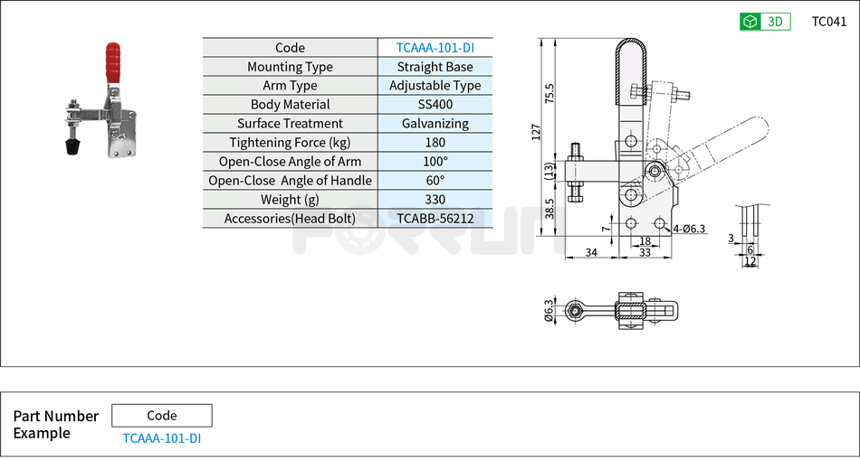 Toggle Clamp (101-DI)- Vertical Hold-Down, Straight Base, Tightening Force 180kg Drawing/Specifications