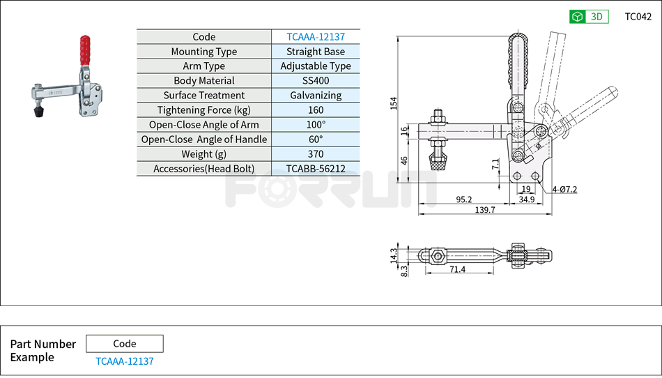 Toggle Clamp (12137)- Vertical Hold-Down, Straight Base, Tightening Force 160kg Drawing/Specifications
