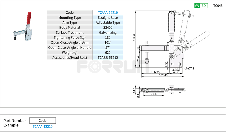 Toggle Clamp (12210)- Vertical Hold-Down, Straight Base, Tightening Force 182kg Drawing/Specifications
