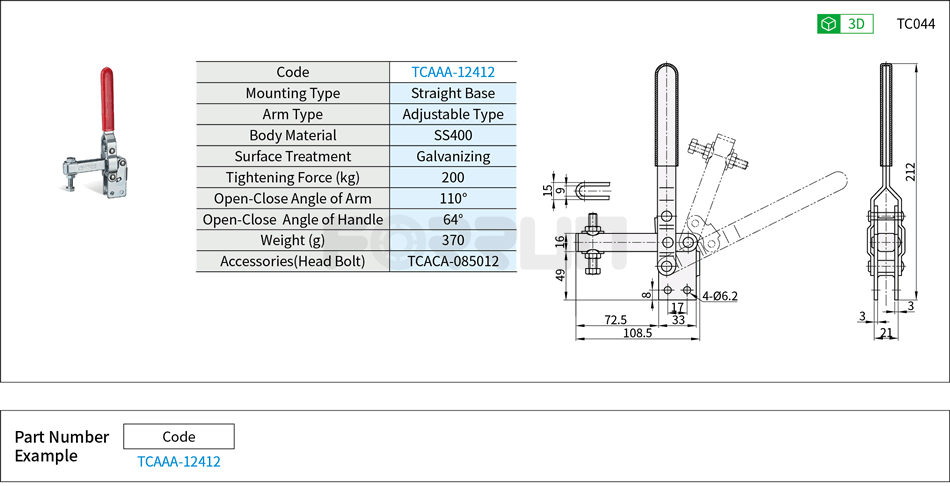 Toggle Clamp (12412)- Vertical Hold-Down, Straight Base, Tightening Force 200kg Drawing/Specifications