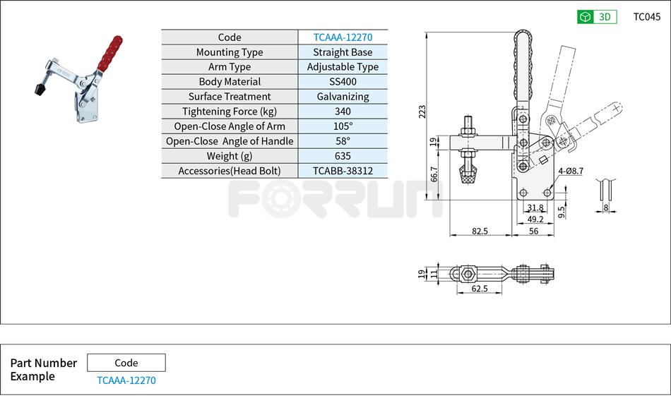 Toggle Clamp (12270)- Vertical Hold-Down, Straight Base, Tightening Force 340kg Drawing/Specifications