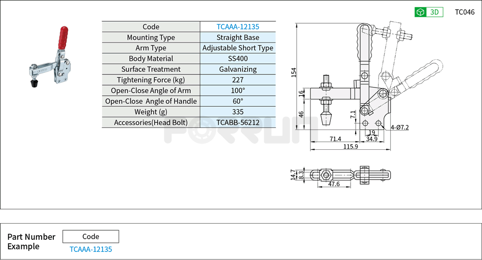 Toggle Clamp (12135)- Vertical Hold-Down, Straight Base, Tightening Force 227kg Drawing/Specifications