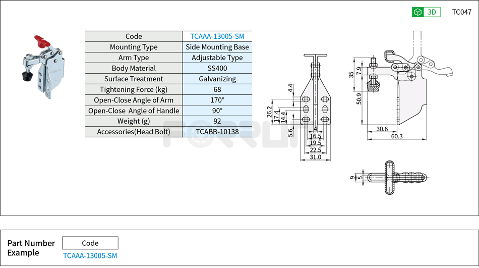 Toggle Clamp (13005-SM)- Horizontal Hold-Down, Side Mounting Base, Tightening Force 68kg Drawing/Specifications