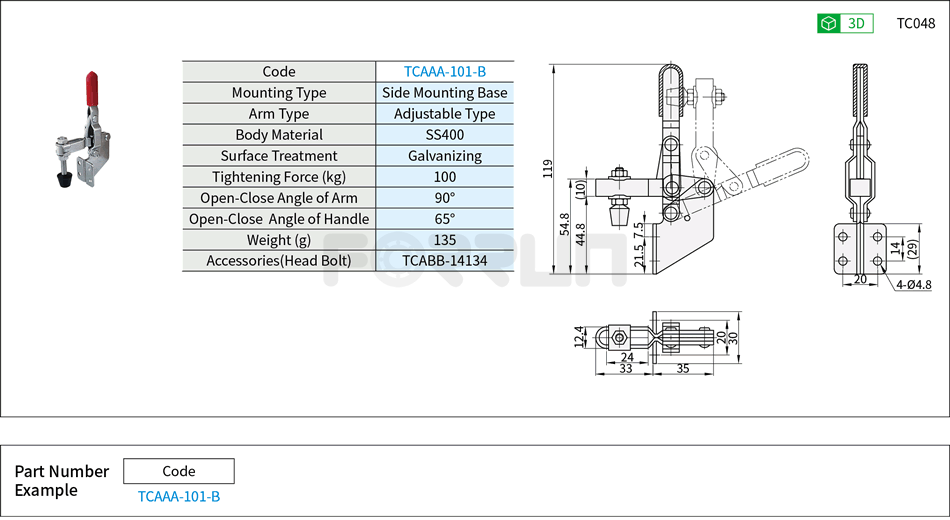 Toggle Clamp (101-B)- Horizontal Hold-Down, Side Mounting Base, Tightening Force 100kg Drawing/Specifications