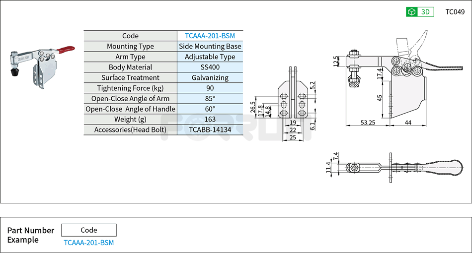 Toggle Clamp (201-BSM)- Horizontal Hold-Down, Side Mounting Base, Tightening Force 90kg Drawing/Specifications