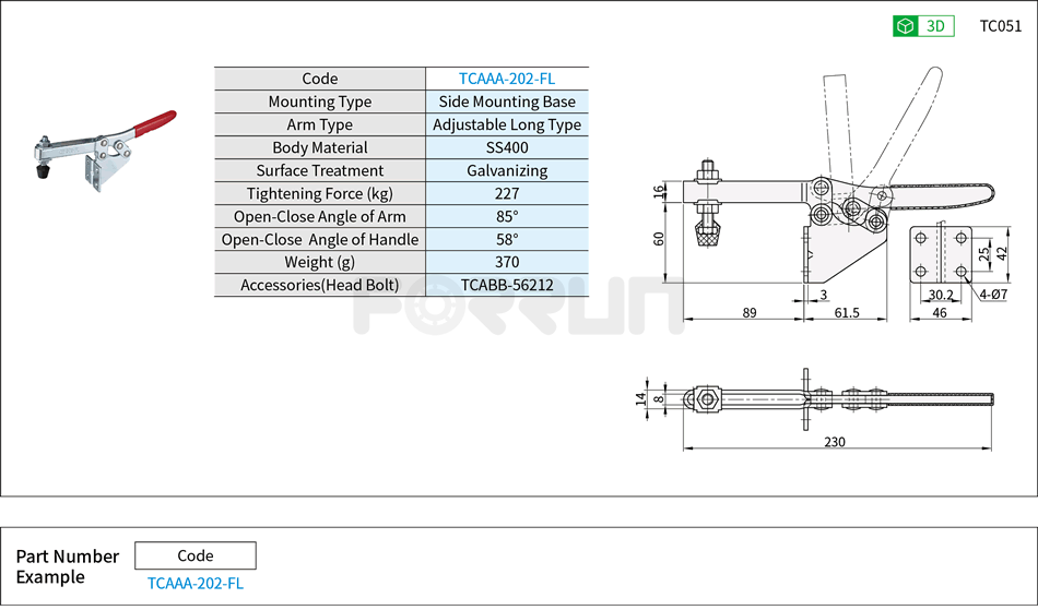 Toggle Clamp (202-FL)- Horizontal Hold-Down, Side Mounting Base, Tightening Force 227kg Drawing/Specifications