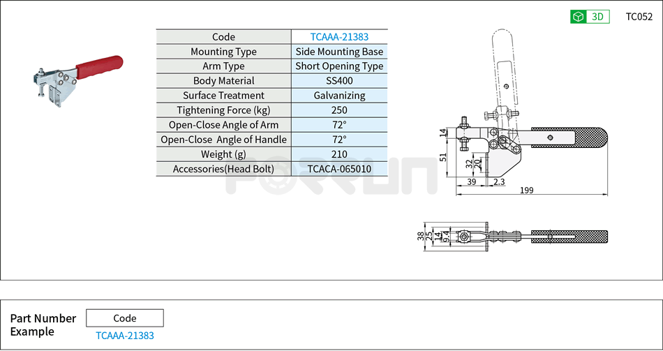 Toggle Clamp (21383)- Horizontal Hold-Down, Side Mounting Base, Tightening Force 250kg Drawing/Specifications