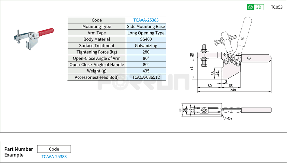 Toggle Clamp (25383)- Horizontal Hold-Down, Side Mounting Base, Tightening Force 280kg Drawing/Specifications