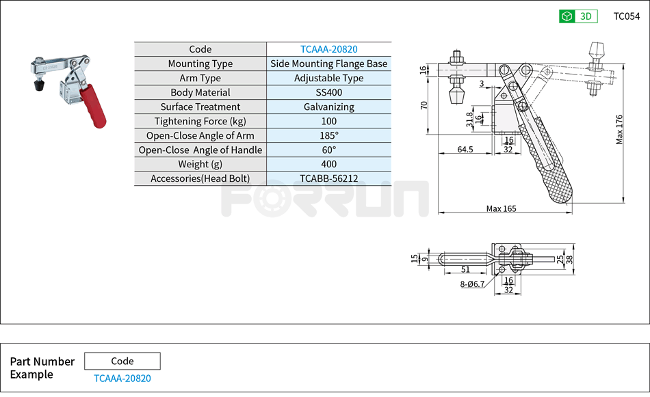 Toggle Clamp (20820)- Horizontal Hold-Down, Side Mounting Flange Base, Tightening Force 100kg Drawing/Specifications