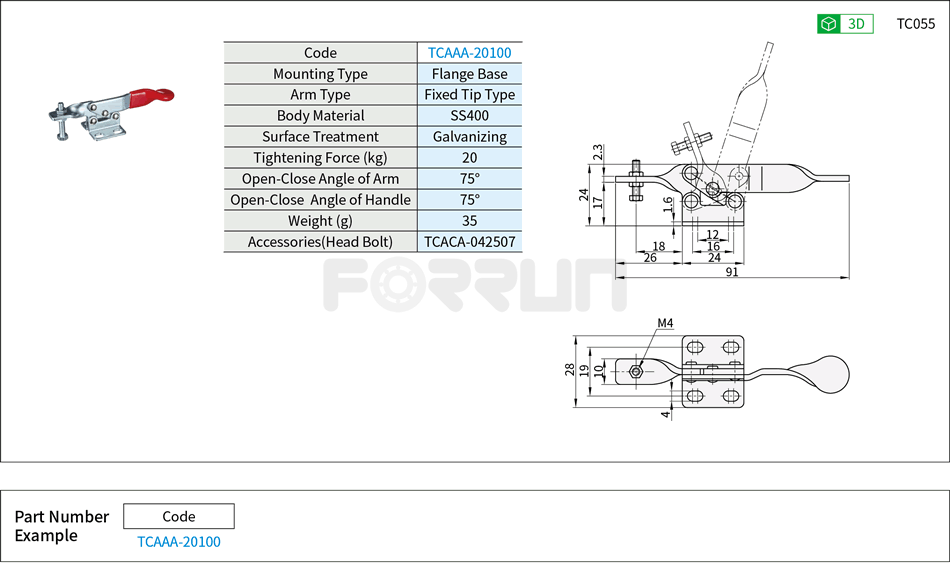 Toggle Clamp (20100)- Horizontal Hold-Down, Flange Base, Tightening Force 20kg Drawing/Specifications