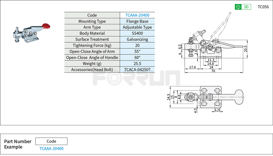 Toggle Clamp (20400)- Horizontal Hold-Down, Flange Base, Tightening Force 20kg Drawing/Specifications