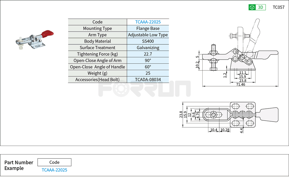 Toggle Clamp (22025)- Horizontal Hold-Down, Flange Base, Tightening Force 22.7kg Drawing/Specifications