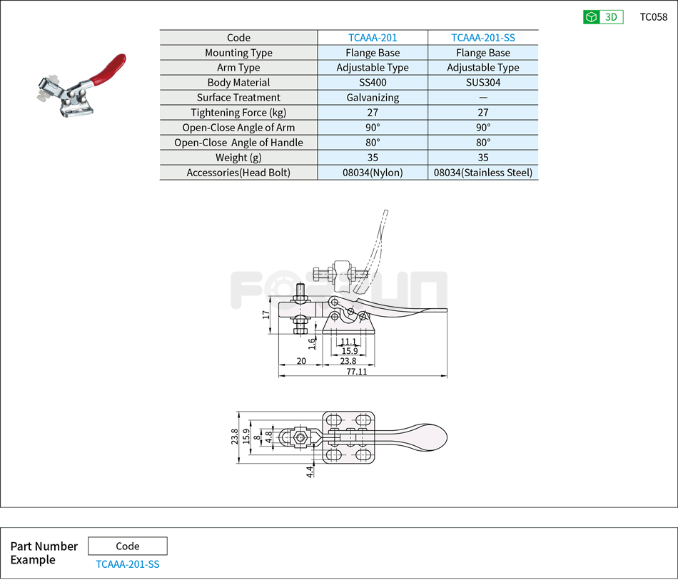 Toggle Clamp (201、201-SS)- Horizontal Hold-Down, Flange Base, Tightening Force 27kg Drawing/Specifications