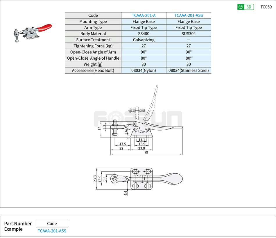 Toggle Clamp (201-A、201-ASS)- Horizontal Hold-Down, Flange Base, Tightening Force 27kg Drawing/Specifications