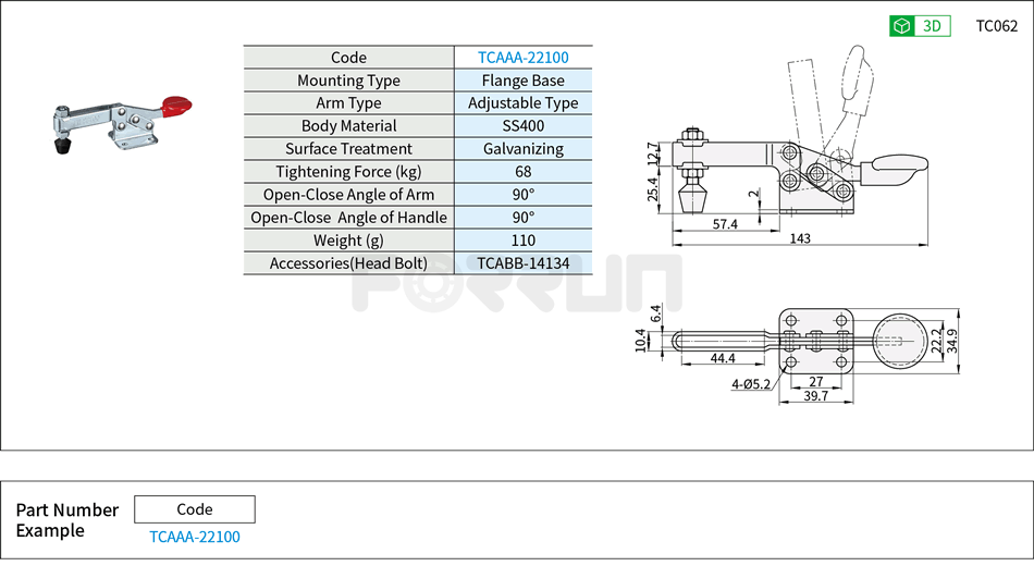 Toggle Clamp (22100)- Horizontal Hold-Down, Flange Base, Tightening Force 68kg Drawing/Specifications