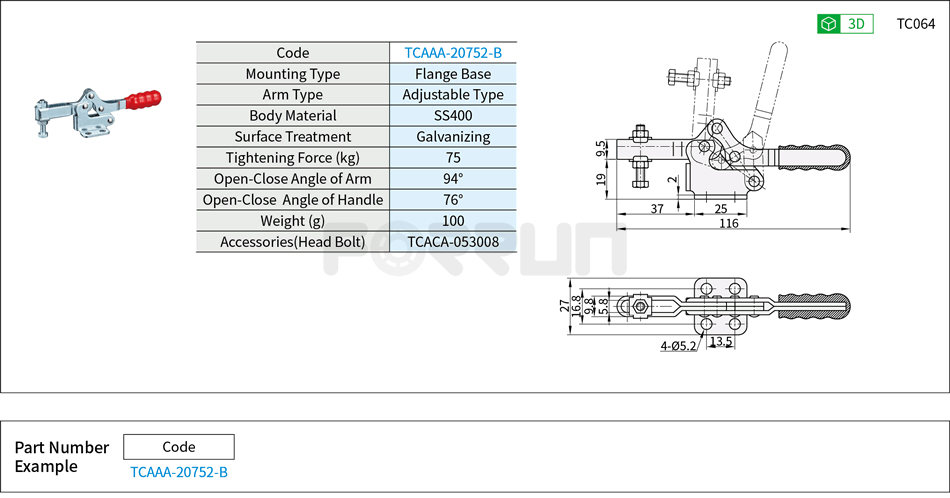 Toggle Clamp (20752-B)- Horizontal Hold-Down, Flange Base, Tightening Force 75kg Drawing/Specifications