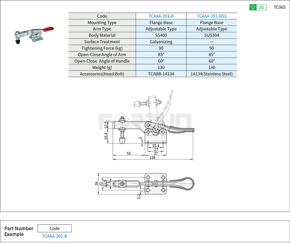 Toggle Clamp (201-B、201-BSS)- Horizontal Hold-Down, Flange Base, Tightening Force 90kg Drawing/Specifications