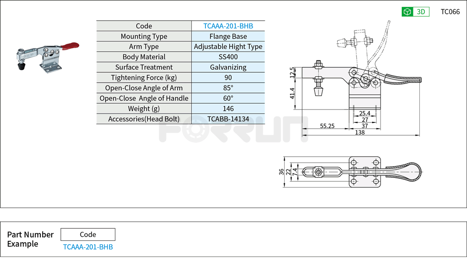 Toggle Clamp (201-BHB)- Horizontal Hold-Down, Flange Base, Tightening Force 90kg Drawing/Specifications