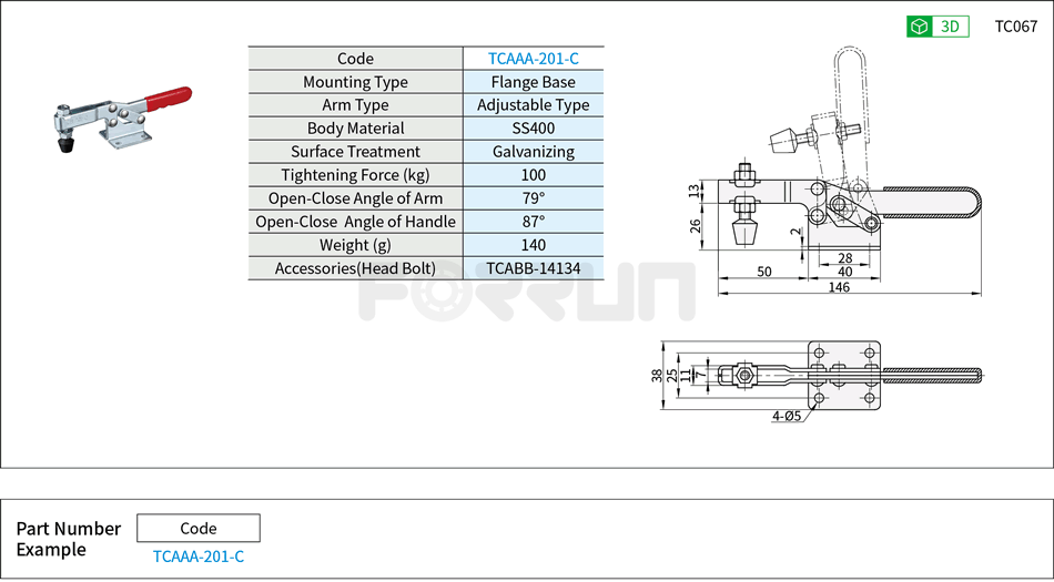 Toggle Clamp (201-C)- Horizontal Hold-Down, Flange Base, Tightening Force 100kg Drawing/Specifications