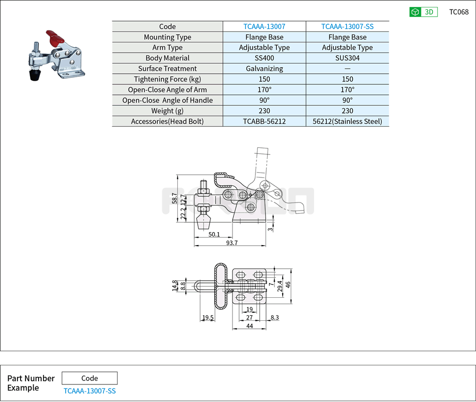 Toggle Clamp (13007、13007-SS)- Horizontal Hold-Down, Flange Base, Tightening Force 150kg Drawing/Specifications