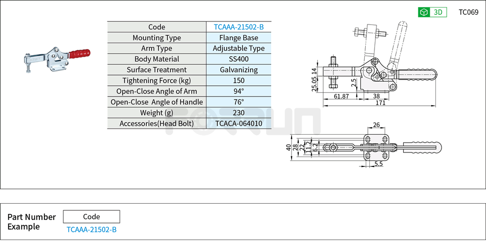 Toggle Clamp (21502-B)- Horizontal Hold-Down, Flange Base, Tightening Force 150kg Drawing/Specifications