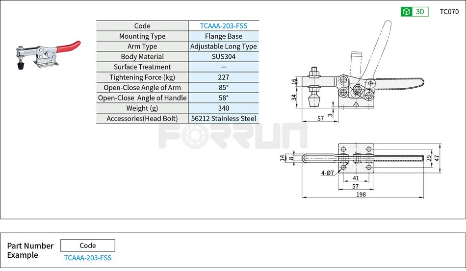 Toggle Clamp (203-FSS)- Horizontal Hold-Down, Flange Base, Tightening Force 227kg Drawing/Specifications