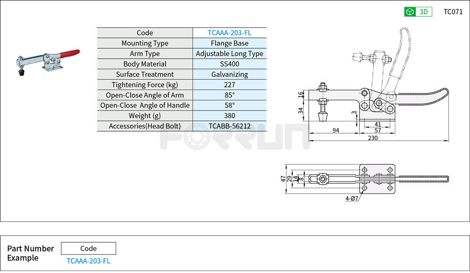 Toggle Clamp (203-FL)- Horizontal Hold-Down, Flange Base, Tightening Force 227kg Drawing/Specifications
