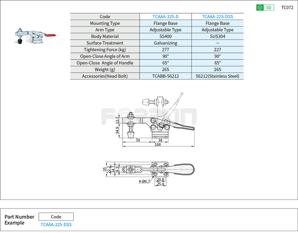 Toggle Clamp (225-D、225-DSS)- Horizontal Hold-Down, Flange Base, Tightening Force 227kg Drawing/Specifications