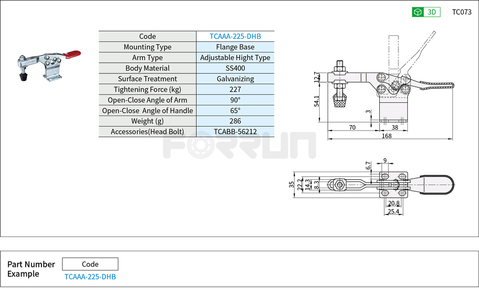 Toggle Clamp (225-DHB)- Horizontal Hold-Down, Flange Base, Tightening Force 227kg Drawing/Specifications