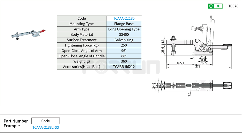 Toggle Clamp (22185)- Horizontal Hold-Down, Flange Base, Tightening Force 250kg Drawing/Specifications