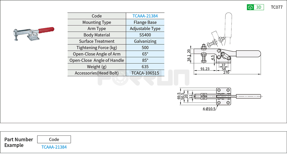 Toggle Clamp (21384)- Horizontal Hold-Down, Flange Base, Tightening Force 500kg Drawing/Specifications