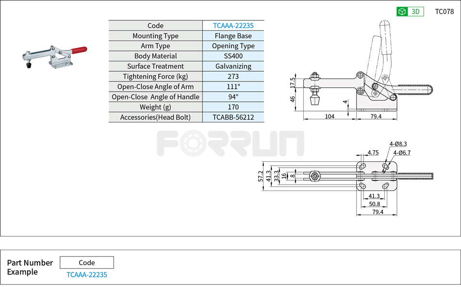 Toggle Clamp (22235)- Horizontal Hold-Down, Flange Base, Tightening Force 273kg Drawing/Specifications