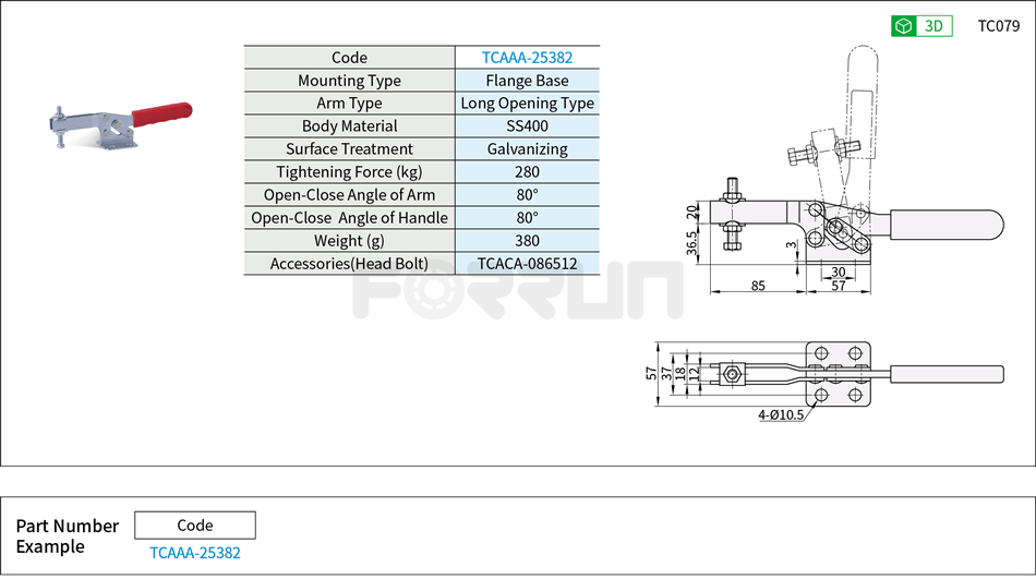 Toggle Clamp (25382)- Horizontal Hold-Down, Flange Base, Tightening Force 280kg Drawing/Specifications