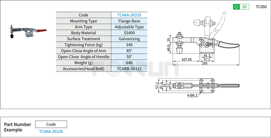 Toggle Clamp (20235)- Horizontal Hold-Down, Flange Base, Tightening Force 340kg Drawing/Specifications