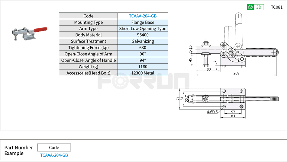 Toggle Clamp (204-GB)- Horizontal Hold-Down, Flange Base, Tightening Force 630kg Drawing/Specifications