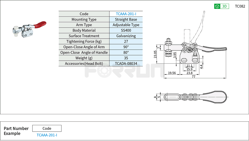 Toggle Clamp (201-I)- Horizontal Hold-Down, Straight Base, Tightening Force 27kg Drawing/Specifications