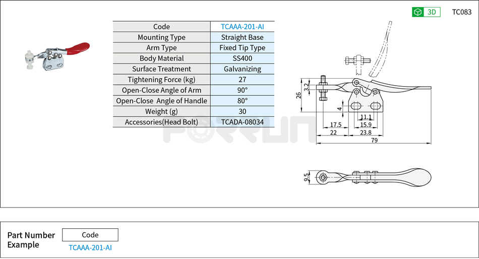 Toggle Clamp (201-AI)- Horizontal Hold-Down, Straight Base, Tightening Force 27kg Drawing/Specifications