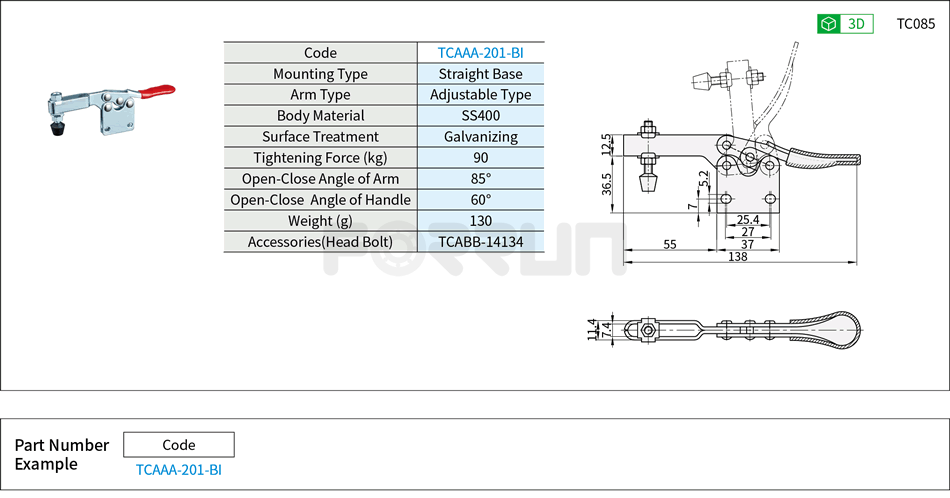 Toggle Clamp (201-BI)- Horizontal Hold-Down, Straight Base, Tightening Force 90kg Drawing/Specifications
