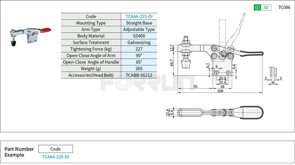 Toggle Clamp (225-DI)- Horizontal Hold-Down, Straight Base, Tightening Force 227kg Drawing/Specifications
