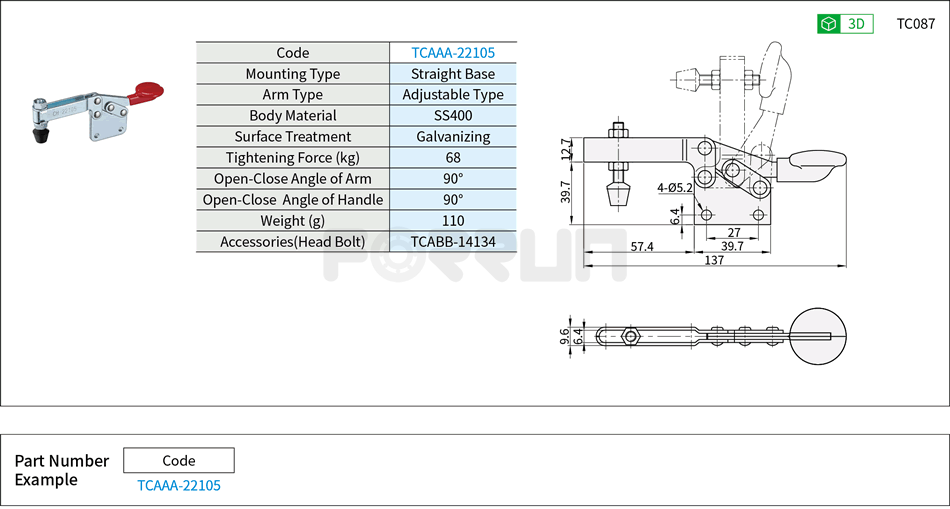 Toggle Clamp (22105)- Horizontal Hold-Down, Straight Base, Tightening Force 68kg Drawing/Specifications