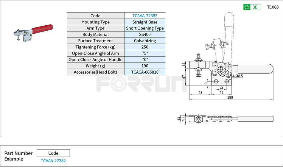 Toggle Clamp (22382)- Horizontal Hold-Down, Straight Base, Tightening Force 250kg Drawing/Specifications